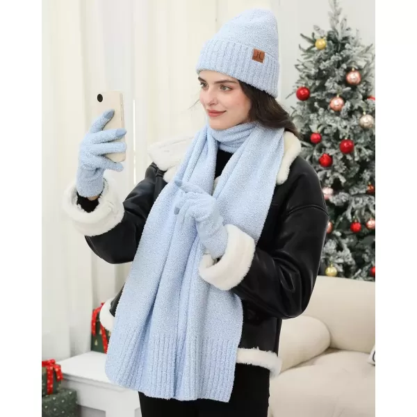 imageWomens Winter Warm Fuzzy Beanie Hat Touchscreen Gloves Long Neck Scarf Knit Set with Fluffy Skull Cap Gifts for WomenSky Blue
