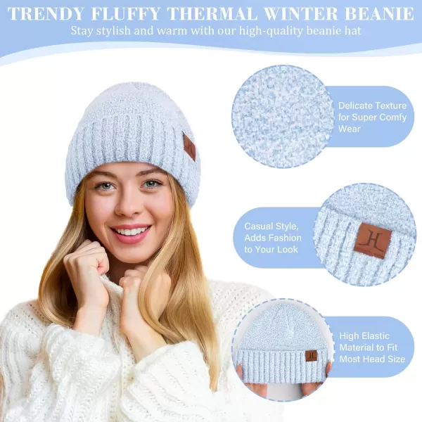imageWomens Winter Warm Fuzzy Beanie Hat Touchscreen Gloves Long Neck Scarf Knit Set with Fluffy Skull Cap Gifts for WomenSky Blue