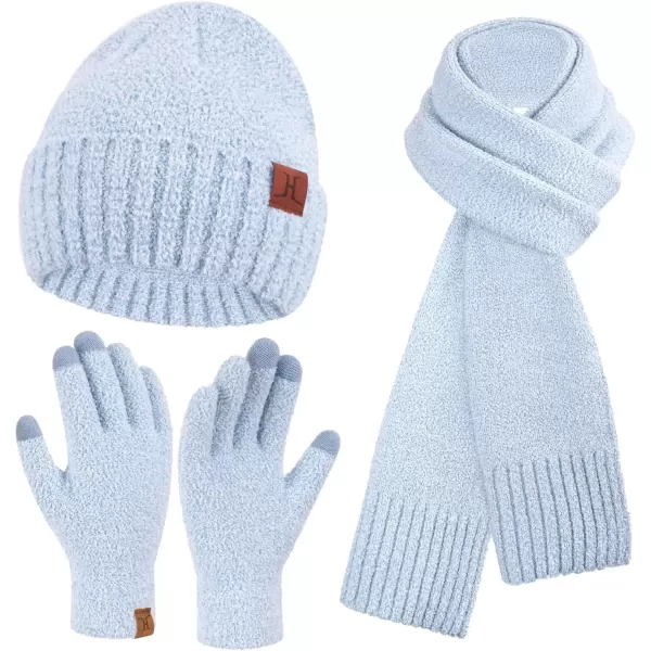 imageWomens Winter Warm Fuzzy Beanie Hat Touchscreen Gloves Long Neck Scarf Knit Set with Fluffy Skull Cap Gifts for WomenSky Blue
