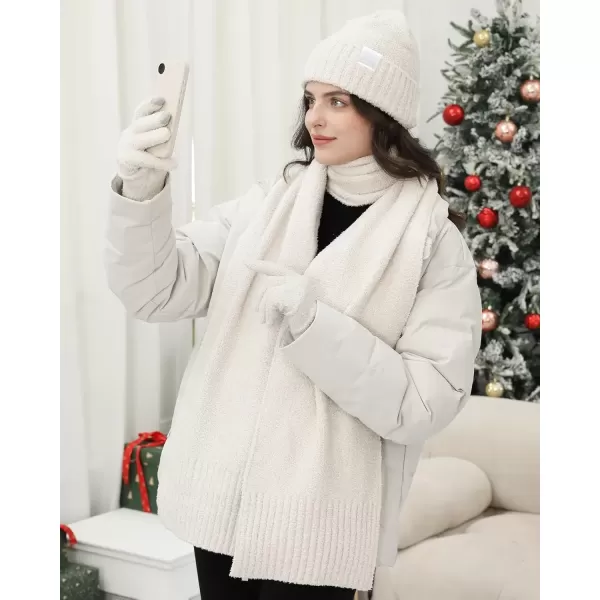 imageWomens Winter Warm Fuzzy Beanie Hat Touchscreen Gloves Long Neck Scarf Knit Set with Fluffy Skull Cap Gifts for WomenWhite