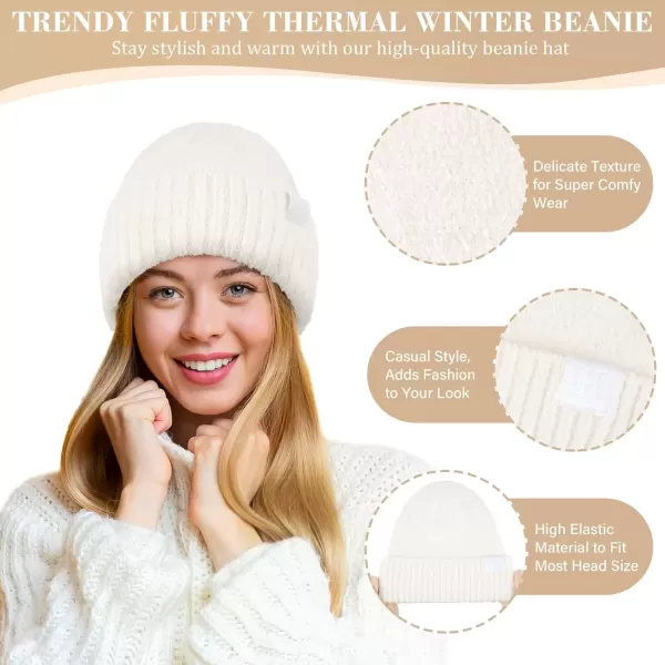 imageWomens Winter Warm Fuzzy Beanie Hat Touchscreen Gloves Long Neck Scarf Knit Set with Fluffy Skull Cap Gifts for WomenWhite