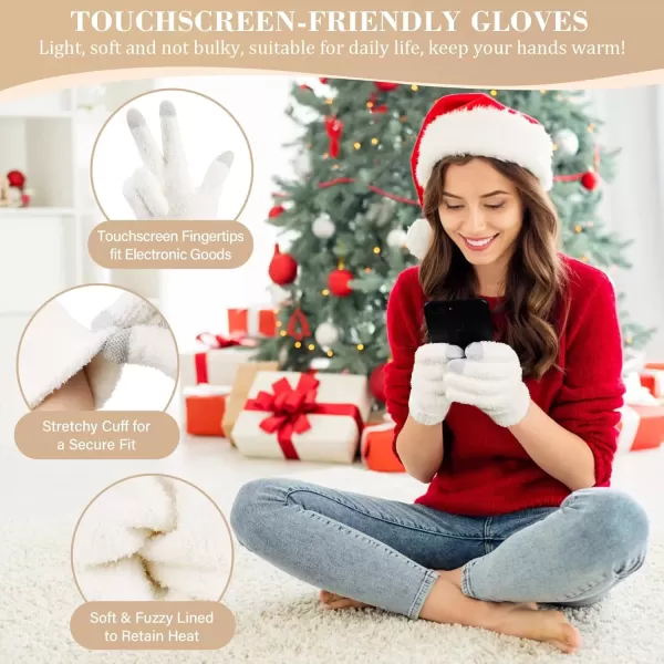 imageWomens Winter Warm Fuzzy Beanie Hat Touchscreen Gloves Long Neck Scarf Knit Set with Fluffy Skull Cap Gifts for WomenWhite