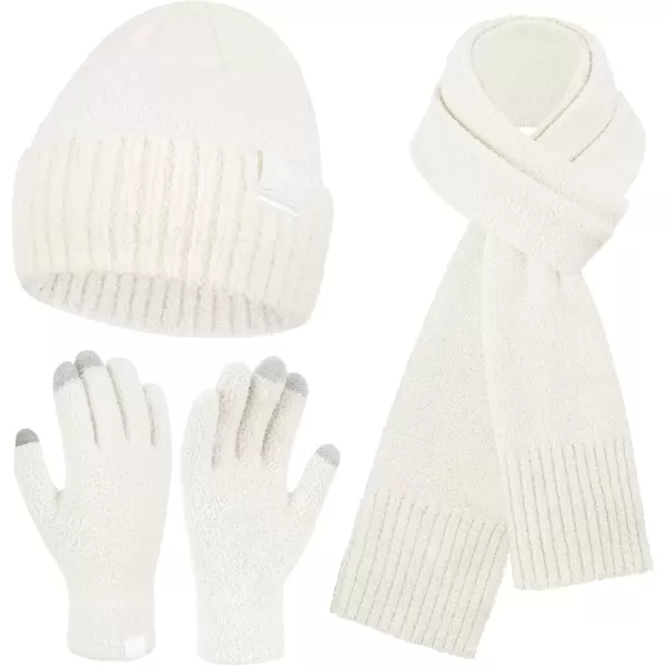 imageWomens Winter Warm Fuzzy Beanie Hat Touchscreen Gloves Long Neck Scarf Knit Set with Fluffy Skull Cap Gifts for WomenWhite