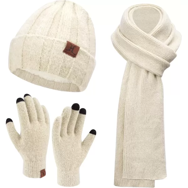 imageWomens Winter Warm Knit Beanie Hat Touchscreen Gloves Long Neck Scarf Set with Fleece Lined Skull Caps Gifts for WomenApricot