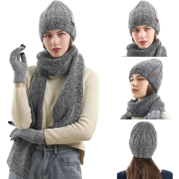 imageWomens Winter Warm Knit Beanie Hat Touchscreen Gloves Long Neck Scarf Set with Fleece Lined Skull Caps Gifts for WomenBlack