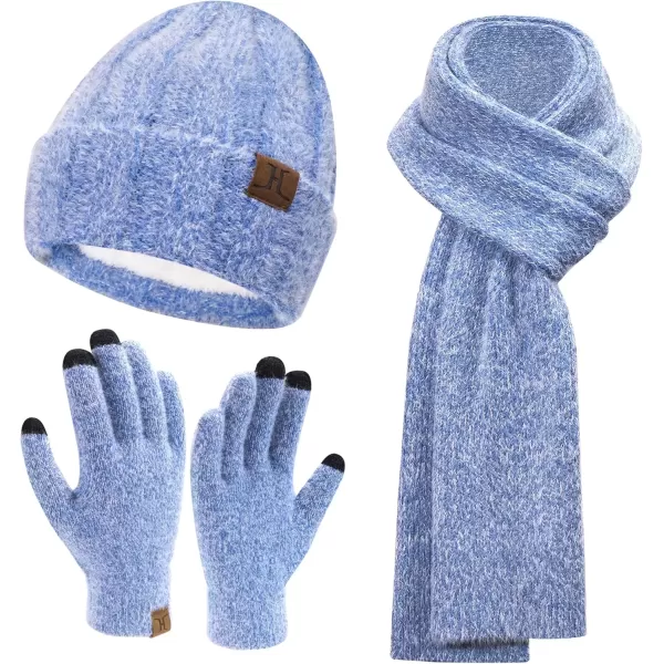 imageWomens Winter Warm Knit Beanie Hat Touchscreen Gloves Long Neck Scarf Set with Fleece Lined Skull Caps Gifts for WomenBlue