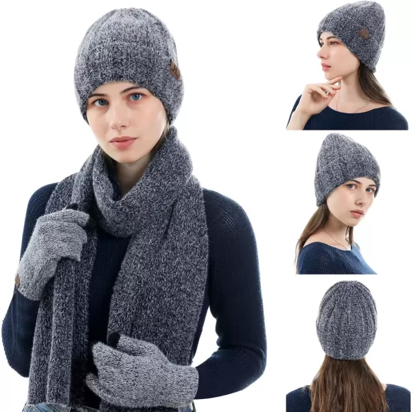 imageWomens Winter Warm Knit Beanie Hat Touchscreen Gloves Long Neck Scarf Set with Fleece Lined Skull Caps Gifts for WomenDark Blue