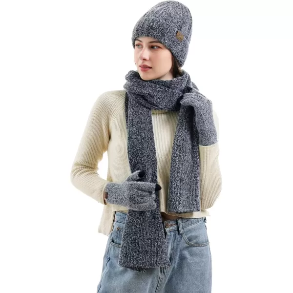 imageWomens Winter Warm Knit Beanie Hat Touchscreen Gloves Long Neck Scarf Set with Fleece Lined Skull Caps Gifts for WomenDark Blue