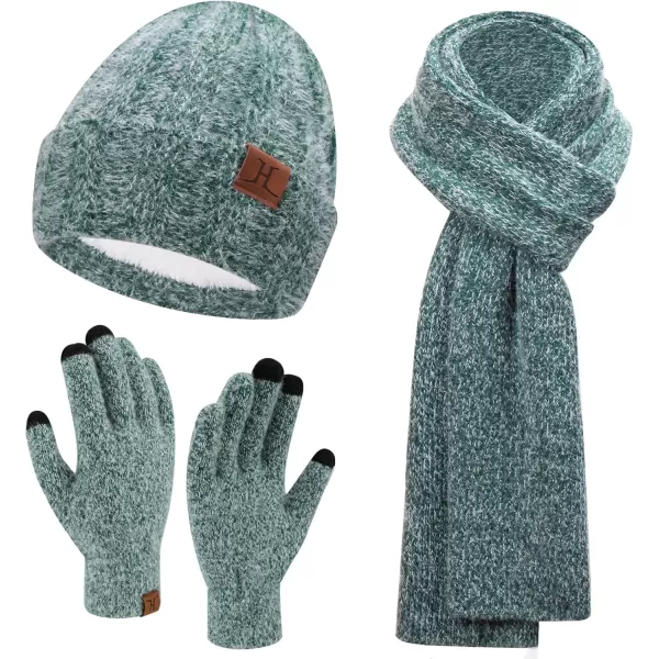 imageWomens Winter Warm Knit Beanie Hat Touchscreen Gloves Long Neck Scarf Set with Fleece Lined Skull Caps Gifts for WomenDark Green