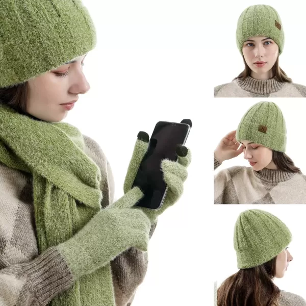 imageWomens Winter Warm Knit Beanie Hat Touchscreen Gloves Long Neck Scarf Set with Fleece Lined Skull Caps Gifts for WomenGreen
