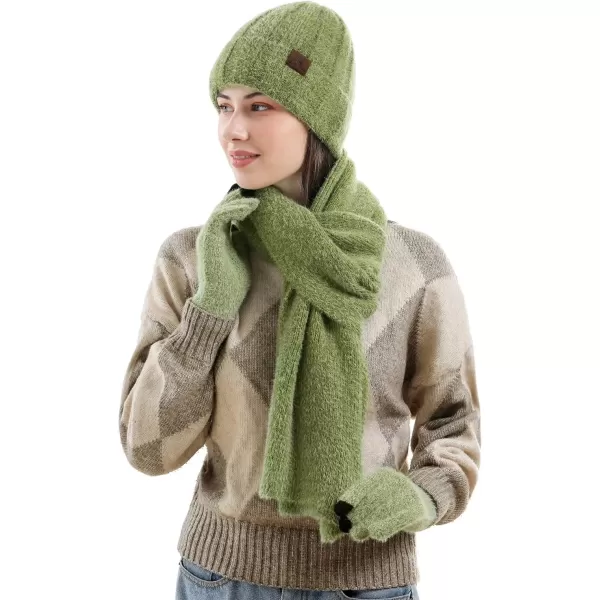 imageWomens Winter Warm Knit Beanie Hat Touchscreen Gloves Long Neck Scarf Set with Fleece Lined Skull Caps Gifts for WomenGreen
