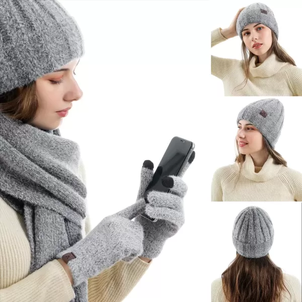 imageWomens Winter Warm Knit Beanie Hat Touchscreen Gloves Long Neck Scarf Set with Fleece Lined Skull Caps Gifts for WomenGrey