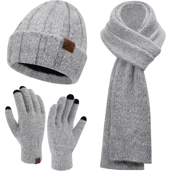 imageWomens Winter Warm Knit Beanie Hat Touchscreen Gloves Long Neck Scarf Set with Fleece Lined Skull Caps Gifts for WomenGrey