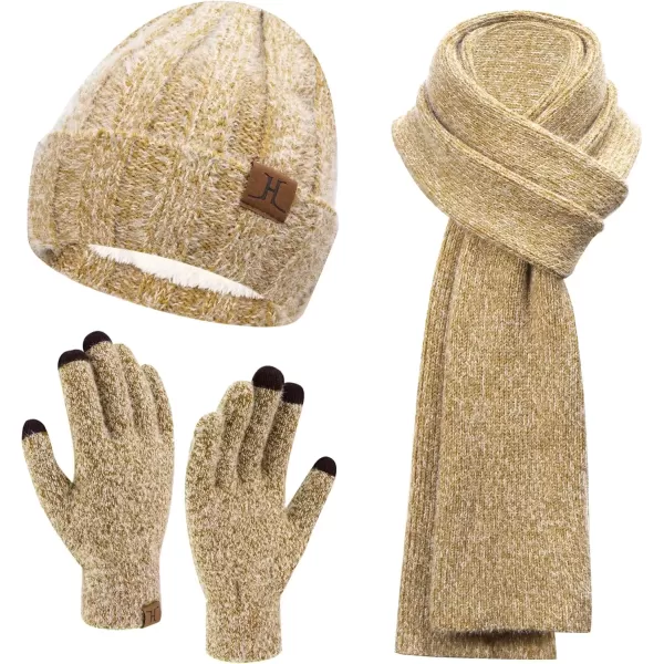imageWomens Winter Warm Knit Beanie Hat Touchscreen Gloves Long Neck Scarf Set with Fleece Lined Skull Caps Gifts for WomenKhaki
