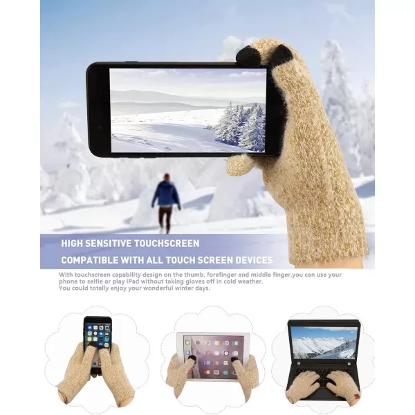 imageWomens Winter Warm Knit Beanie Hat Touchscreen Gloves Long Neck Scarf Set with Fleece Lined Skull Caps Gifts for WomenKhaki