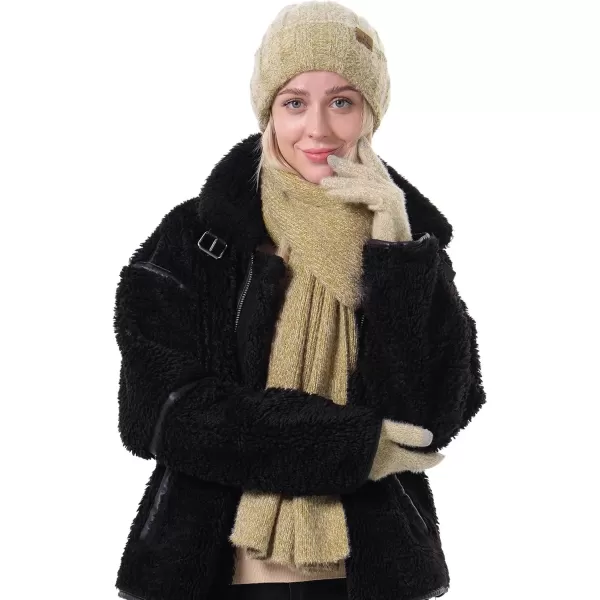 imageWomens Winter Warm Knit Beanie Hat Touchscreen Gloves Long Neck Scarf Set with Fleece Lined Skull Caps Gifts for WomenKhaki