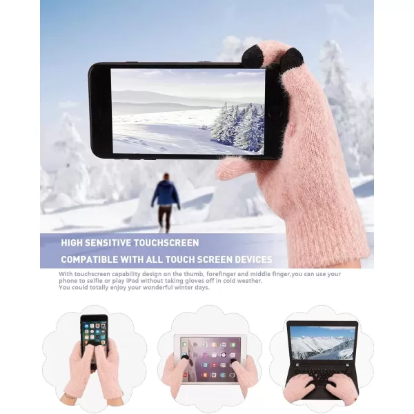 imageWomens Winter Warm Knit Beanie Hat Touchscreen Gloves Long Neck Scarf Set with Fleece Lined Skull Caps Gifts for WomenPink