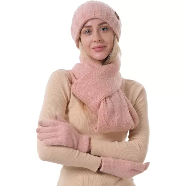 imageWomens Winter Warm Knit Beanie Hat Touchscreen Gloves Long Neck Scarf Set with Fleece Lined Skull Caps Gifts for WomenPink