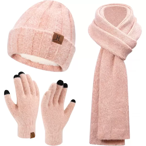 imageWomens Winter Warm Knit Beanie Hat Touchscreen Gloves Long Neck Scarf Set with Fleece Lined Skull Caps Gifts for WomenPink