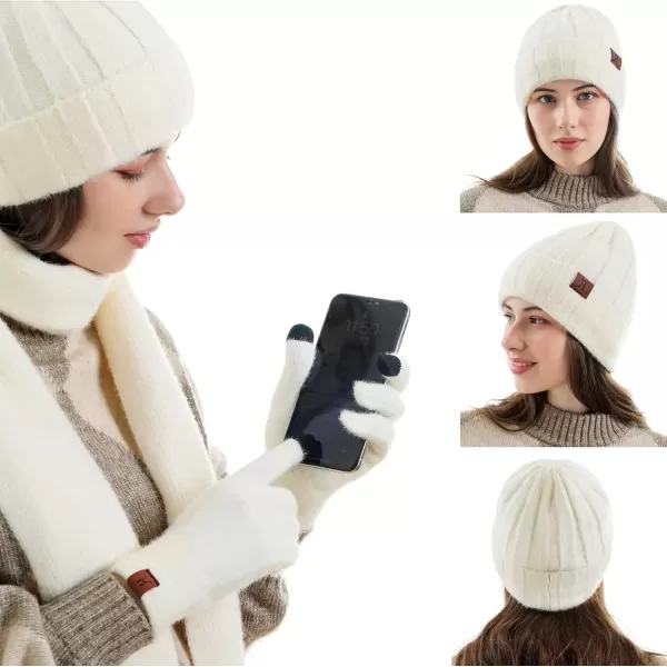 imageWomens Winter Warm Knit Beanie Hat Touchscreen Gloves Long Neck Scarf Set with Fleece Lined Skull Caps Gifts for WomenWhite