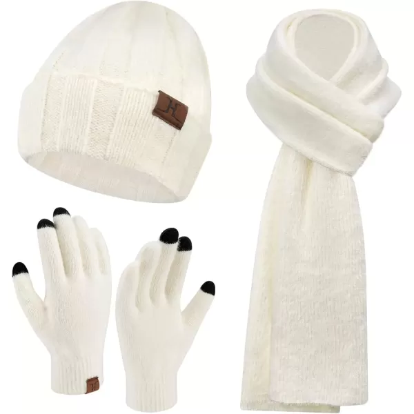 imageWomens Winter Warm Knit Beanie Hat Touchscreen Gloves Long Neck Scarf Set with Fleece Lined Skull Caps Gifts for WomenWhite