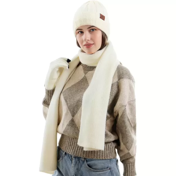 imageWomens Winter Warm Knit Beanie Hat Touchscreen Gloves Long Neck Scarf Set with Fleece Lined Skull Caps Gifts for WomenWhite