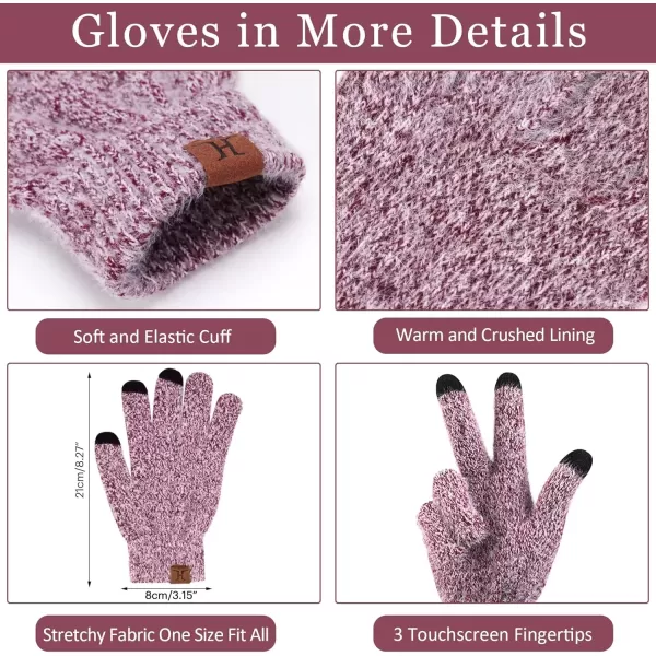 imageWomens Winter Warm Knit Beanie Hat Touchscreen Gloves Long Neck Scarf Set with Fleece Lined Skull Caps Gifts for WomenWine Red