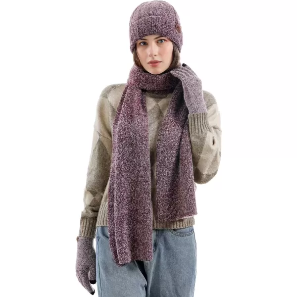 imageWomens Winter Warm Knit Beanie Hat Touchscreen Gloves Long Neck Scarf Set with Fleece Lined Skull Caps Gifts for WomenWine Red