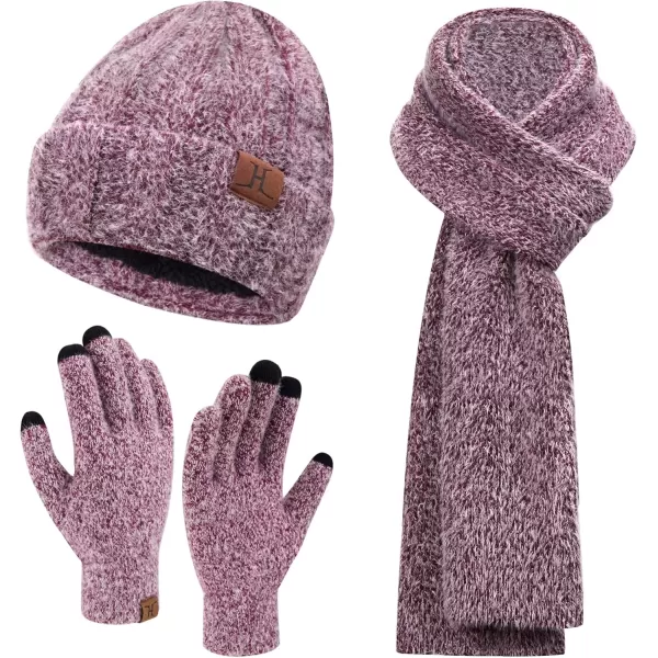 imageWomens Winter Warm Knit Beanie Hat Touchscreen Gloves Long Neck Scarf Set with Fleece Lined Skull Caps Gifts for WomenWine Red
