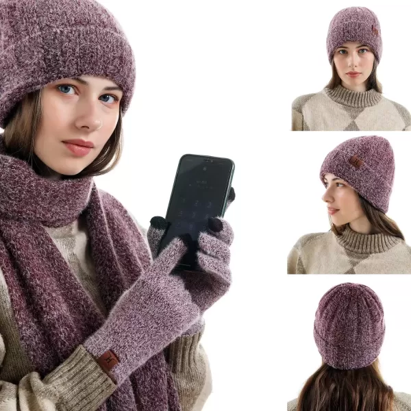 imageWomens Winter Warm Knit Beanie Hat Touchscreen Gloves Long Neck Scarf Set with Fleece Lined Skull Caps Gifts for WomenWine Red