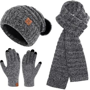 imageWomens Winter Hats Beanie Touchscreen Gloves Long Scarf Set Knit Warm Caps with Pom Fleece Gifts for WomenBlack