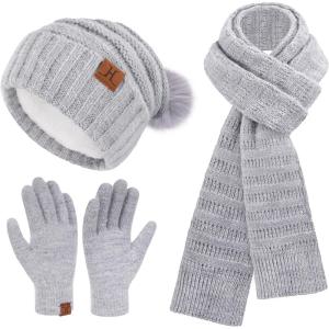 imageWomens Winter Hats Beanie Touchscreen Gloves Long Scarf Set Knit Warm Caps with Pom Fleece Gifts for WomenGrey