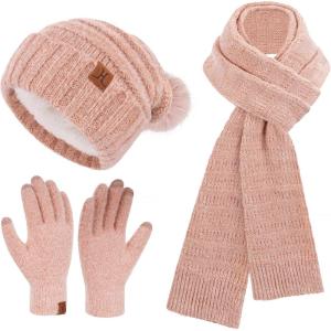imageWomens Winter Hats Beanie Touchscreen Gloves Long Scarf Set Knit Warm Caps with Pom Fleece Gifts for WomenPink Red