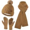 imageWomens Winter Warm Beanie Hat Long Neck Scarf Touchscreen Gloves Set Knit Skull Caps Pompom Fleece GiftsBrown
