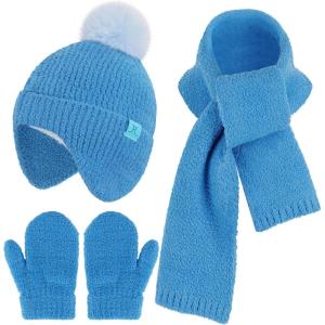 imageToddler Kids Winter Hats Mittens Gloves Scarf Warm Ear Flaps Baby Beanie for 06 12 Months 1 2 3 4 Year Old Girls Boys GiftsBlue