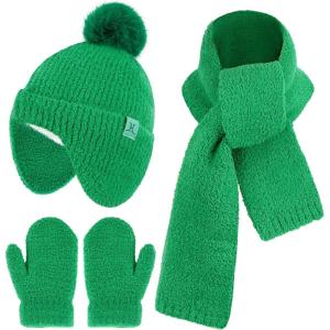 imageToddler Kids Winter Hats Mittens Gloves Scarf Warm Ear Flaps Baby Beanie for 06 12 Months 1 2 3 4 Year Old Girls Boys GiftsGreen