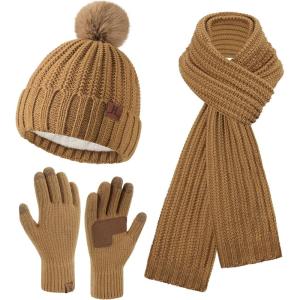 imageWomens Winter Warm Beanie Hat Long Neck Scarf Touchscreen Gloves Set Knit Skull Caps Pompom Fleece GiftsBrown
