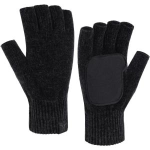 imageFZ FANTASTIC ZONE Winter Fingerless Gloves for Women Men Chenille Warm Knit Work AntiSlip Leather Half Finger Gloves GiftsBlack