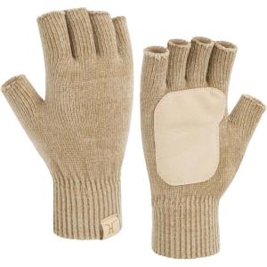 imageFZ FANTASTIC ZONE Winter Fingerless Gloves for Women Men Chenille Warm Knit Work AntiSlip Leather Half Finger Gloves GiftsKhaki