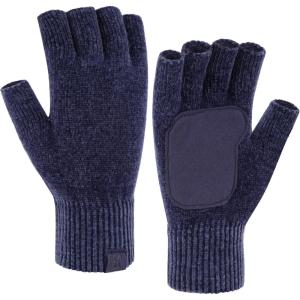 imageFZ FANTASTIC ZONE Winter Fingerless Gloves for Women Men Chenille Warm Knit Work AntiSlip Leather Half Finger Gloves GiftsNavy Blue