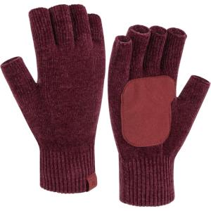 imageFZ FANTASTIC ZONE Winter Fingerless Gloves for Women Men Chenille Warm Knit Work AntiSlip Leather Half Finger Gloves GiftsWine Red