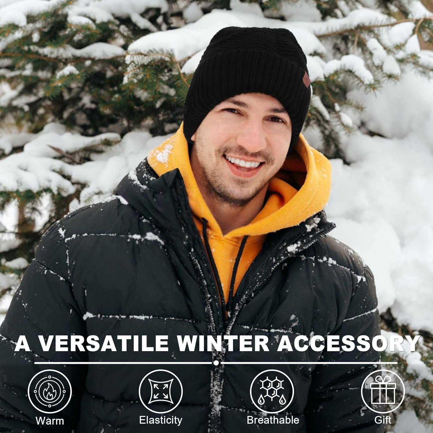 imageFZ FANTASTIC ZONE Winter Beanie Hats for Men Warm Knit Snow Ski Hat Skull Cap with Thick Fleece Lined Mens GiftsBlack