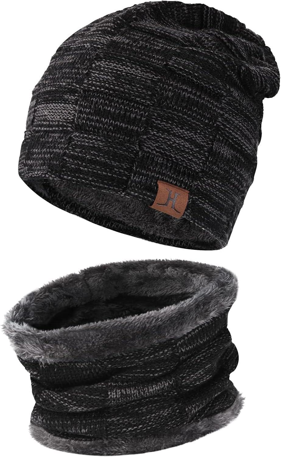 imageMens Winter Beanie Hats Scarf Set Warm Knit Skull Cap Neck Warmer with Fleece Lined Winter Hat for WomenBlack