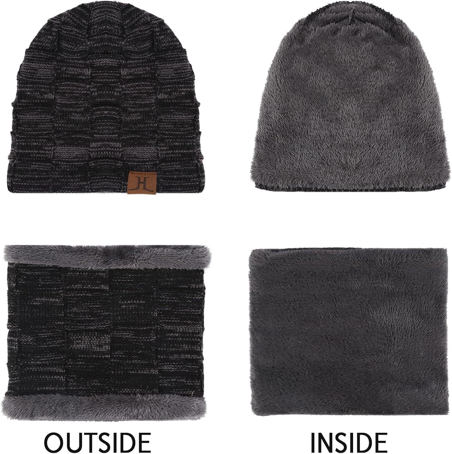 imageMens Winter Beanie Hats Scarf Set Warm Knit Skull Cap Neck Warmer with Fleece Lined Winter Hat for WomenBlack