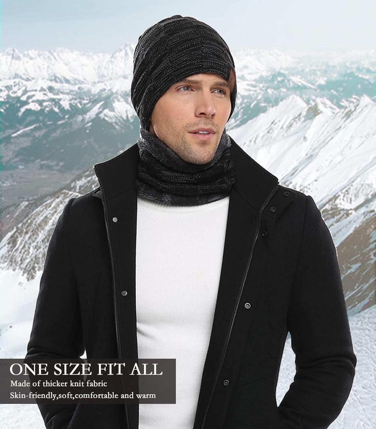 imageMens Winter Beanie Hats Scarf Set Warm Knit Skull Cap Neck Warmer with Fleece Lined Winter Hat for WomenBlack