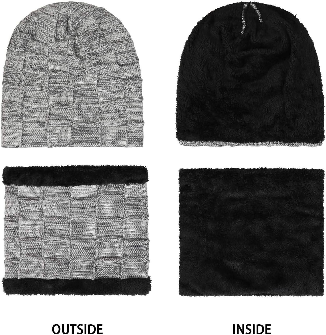 imageMens Winter Beanie Hats Scarf Set Warm Knit Skull Cap Neck Warmer with Fleece Lined Winter Hat for WomenGrey