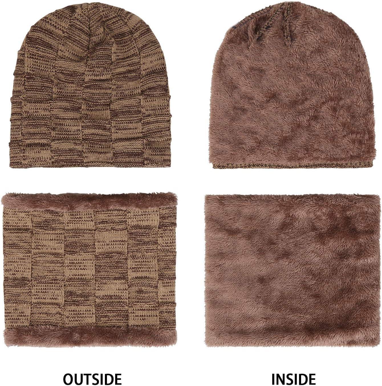 imageMens Winter Beanie Hats Scarf Set Warm Knit Skull Cap Neck Warmer with Fleece Lined Winter Hat for WomenKhaki