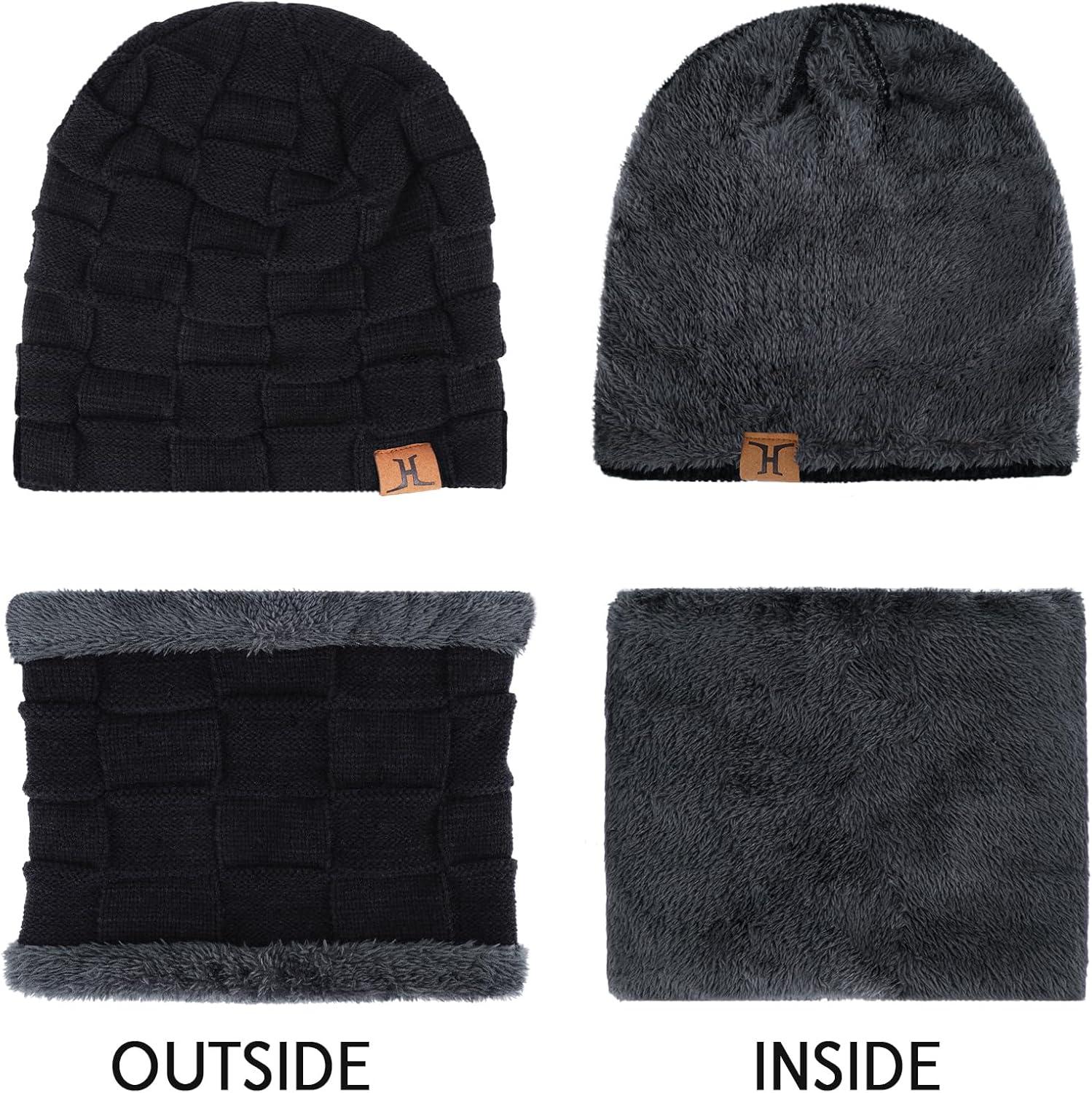 imageMens Winter Beanie Hats Scarf Set Warm Knit Skull Cap Neck Warmer with Fleece Lined Winter Hat for WomenPure Black