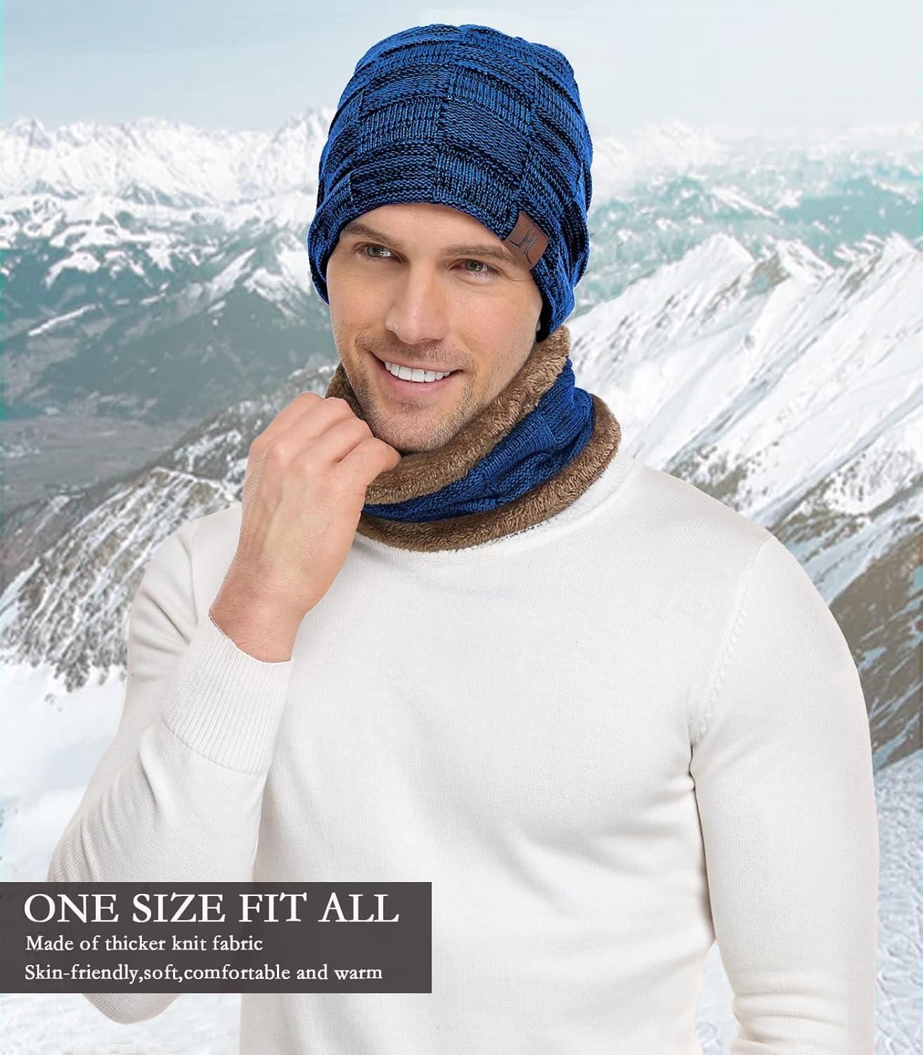 imageMens Winter Beanie Hats Scarf Set Warm Knit Skull Cap Neck Warmer with Fleece Lined Winter Hat for WomenRoyal Blue