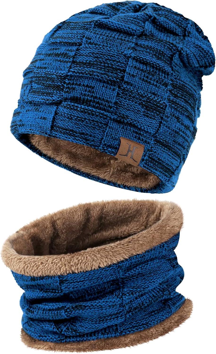 imageMens Winter Beanie Hats Scarf Set Warm Knit Skull Cap Neck Warmer with Fleece Lined Winter Hat for WomenRoyal Blue